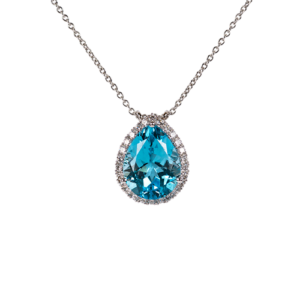 necklace in 750 white gold with 1 blue topaz (12x16) 10.56 cts and 26 diamonds 0.60 cts