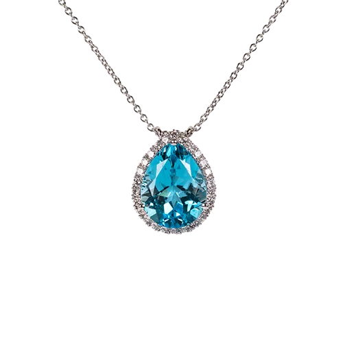 necklace in 750 white gold with 1 blue topaz (12x16) 10.56 cts and 26 diamonds 0.60 cts