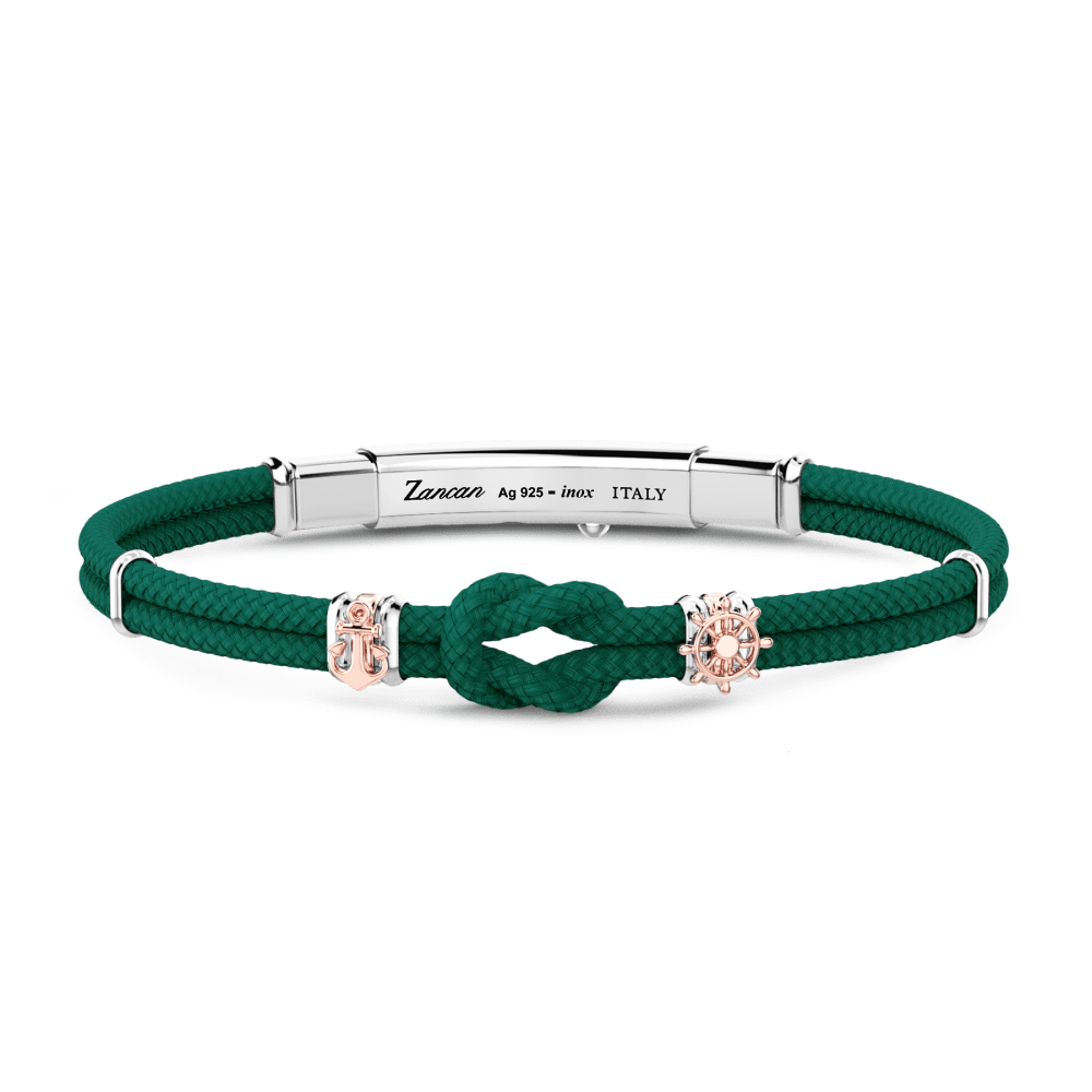 Bracelet in Dark green Kevlar rope with nautical knot with two nautical  elements with rose gold treatment - PONCINI